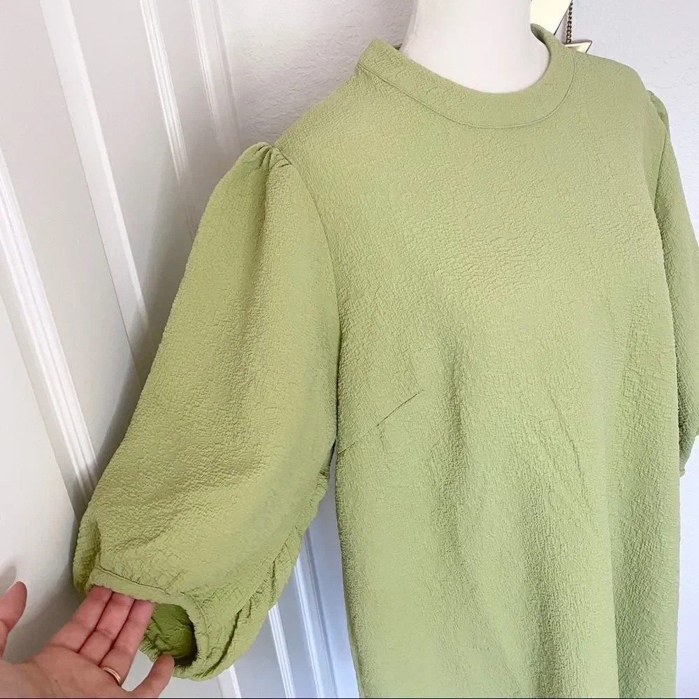 NWT Samsoe Junis ss TarragonâCrew Neck Textured Puff SleeveâDress - Picture 7 of 16